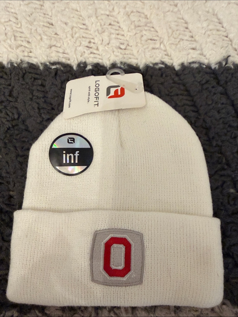 LOGO by Lori Goldstein Kids White Beanie with Gray-Trimmed Red O Patch